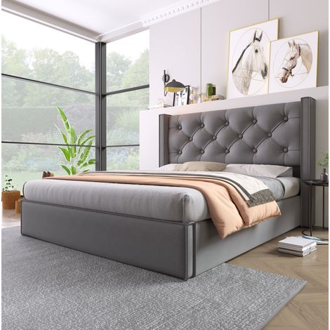 CHICFURN Cama de 160x200 cm de algodón gris con almacenaje y somier elevable (1/5)