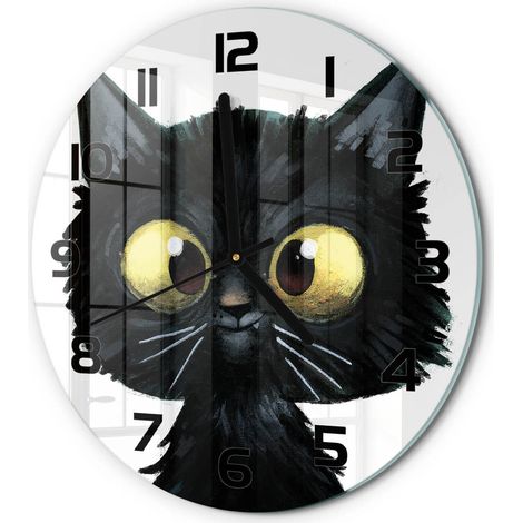 Horloge Murale Ronde Moderne en Verre Trempé Silencieuse Maison Bureau Illustration de chat fi 30 cm (1/5)