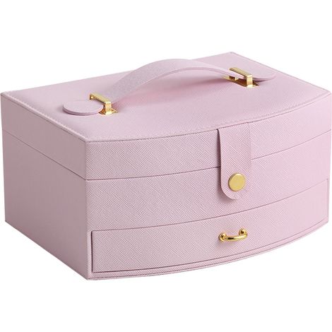 Boîte à bijoux rose en similicuir avec miroir, tiroirs et grande capacité - Coffret de rangement portable à deux niveaux pour bijoux (1/5)