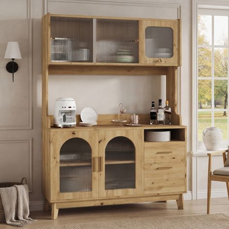 Buffet haut de salle à manger 120 x 40 x 178 cm, rangements à plusieurs niveaux, prise électrique intégrée et ports USB-C et USB-A, finition bois. (1/4)