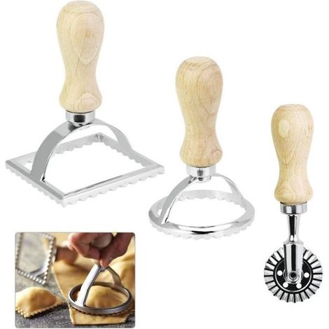 Emporte pièce à Roulette Pâtisserie Raviolis,Moule Carré en Relief Decoupe Pate Moule à Biscuit Manche en Bois,3pcs (1/4)