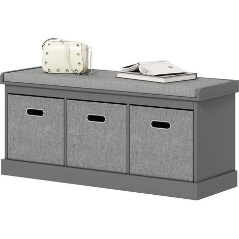 Three-Drawer Shoe Storage Bench,  Padded Top Seat - Grey (1/5)