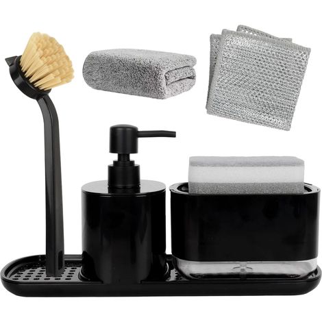 Dispensador de jabón de cocina con cepillo y esponja, organizador de fregadero, para uso en cocina/baño.