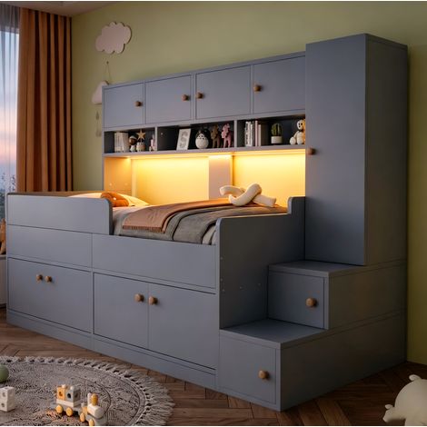 Letto a soppalco per bambini 90x200 cm grigio in legno con armadio, contenitori e LED (1/5)