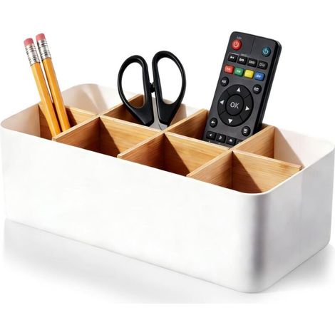 Organiseur de bureau, 8 compartiments, porte-stylos, blanc, boîte de rangement multifonctionnelle pour bureau, cosmétiques, notes autocollantes, télécommandes (1/5)