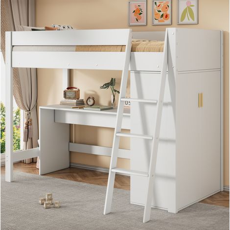 Letto a soppalco per bambini in legno massello bianco 90x200 cm con scrivania, armadio e rete inclusa (1/4)