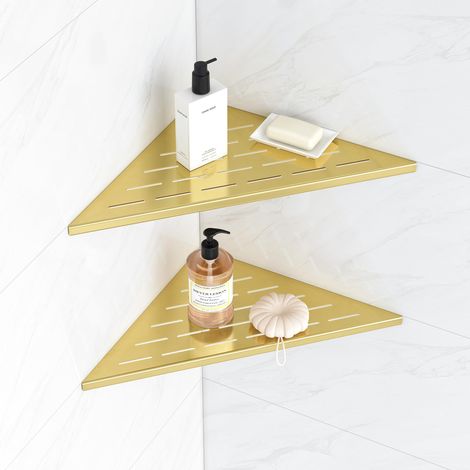 Étagère d'angle à 90° en Acier Inoxydable, Porte Savons Douche Triangulaire pour Mur Carrelé, Rangement de Salle de Bain Aucune perceuse requise, Lot de 2, 31CM, Doré Brossé