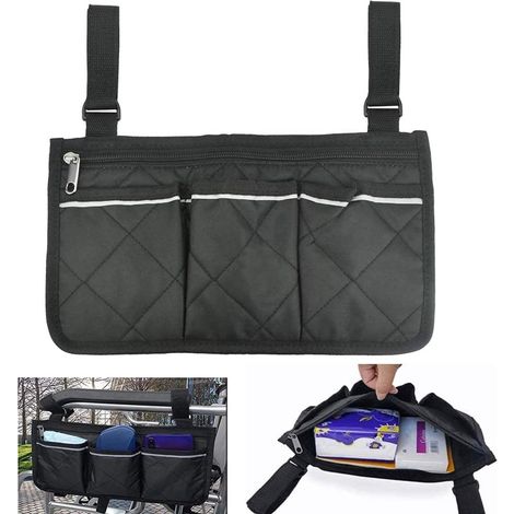 Sac rangement fauteuil roulant - Bandoulière réfléchissante - 4 compartiments - Noir (1/5)