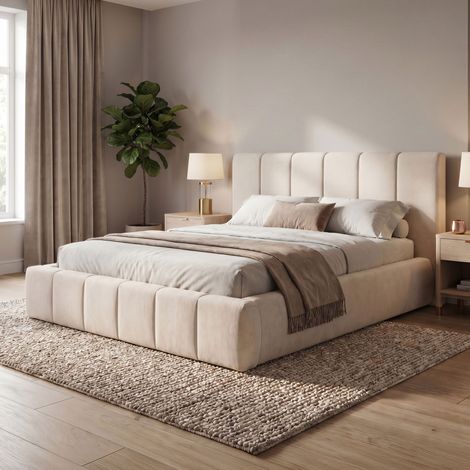 Lit coffre 140x190 effet bubble en tissu texturé beige (1/5)