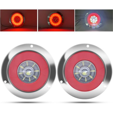 2pcs 4" Feux Remorque LED Rond,12V 24V Led Feux Arrière de Remorque Rouge Feux Stop Blanc Feu de Recul Lamp Avec Lunette Chromée Eclairage pour Remorque Camion Van Remorque RV (1/5)