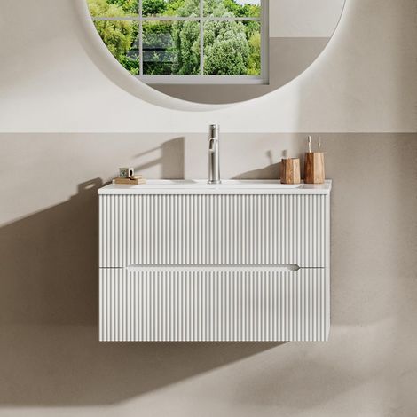 Meuble lavabo Mural 61 cm avec Vasque en céramique, 2 tiroirs avec Fermeture amortie, Finitions nervurées – Petite Salle de Bain et WC invités – Coloris Blanc Mat (1/5)