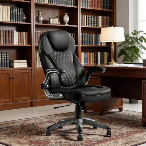 Sedia da ufficio 67.5x73x110.5-120 cm nera in PU, mesh e metallo con schienale alto e braccioli ribaltabili (1/5)