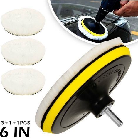 Tampons de Polissage en Laine D'agneau,150mm Peaux de Polissage en Laine avec M14 et Tige Hexagonale Adaptateur Foret, Disque de Polissage Voiture Aut (1/5)