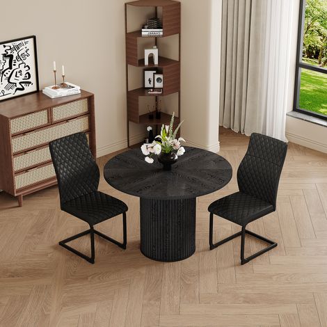 Ensemble table ronde 100 cm en MDF noir + 2 chaises salle à manger noires motif losange, pieds cylindriques, fixation Velcro (1/4)