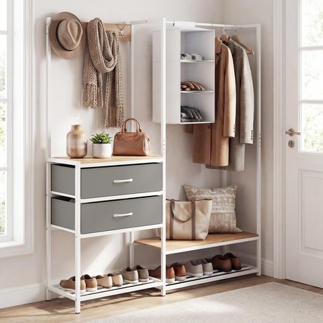 COSTWAY Grand Porte Manteau Chaussures avec Etagere Suspendue, 2 Tiroirs, 3 Patères Double, Portant à Vêtements Penderie, Meuble Entrée en Métal pour Couloir, Salon, Chambre, 138 x 35 x 161 cm (1/5)