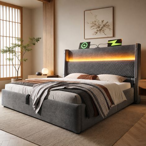 Letto matrimoniale 180x200 cm in lino grigio con LED e contenitore, senza materasso – MEUBLIV (1/5)