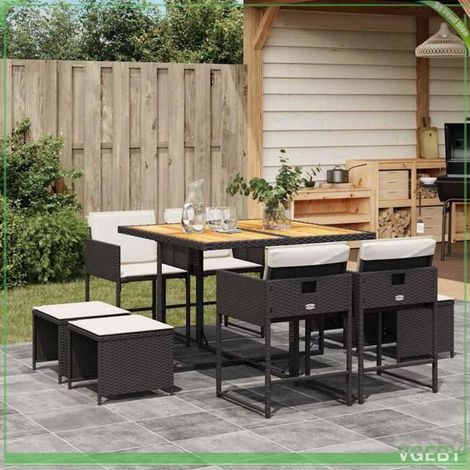 Ensemble à manger de jardin - FAFEICY - 3211323 - 9 pcs - Résine tressée noire - Dessus acacia, coussins amovibles (1/5)