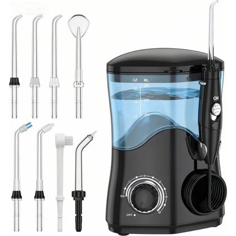 Irrigateur Oral - 600 ml - 10 Niveaux de Pression - 8 Embouts Jet - Pour Porteurs d'Appareils Dentaires et Famille