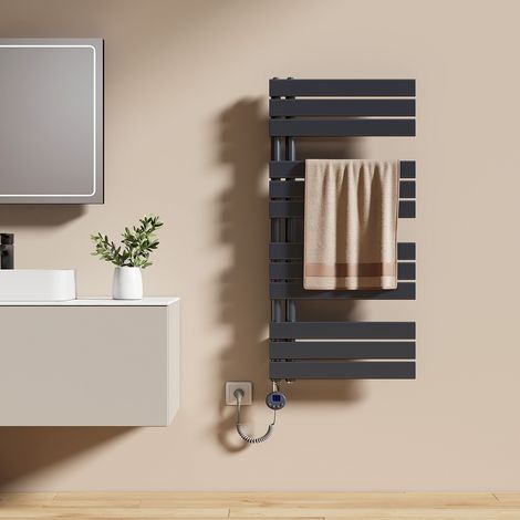 EMKE Elektrischer Badheizkörper 104 x 50 cm 600 W Anthrazit Handtuchwärmer mit WiFi Tuya App-Steuerung IPX4 4 Modi
