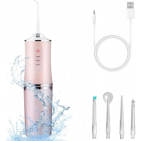 Irrigador bucal inalámbrico e impermeable, irrigador bucal eléctrico de 3 modos con 4 boquillas para la limpieza interdental, apto para uso doméstico y de viaje, color rosa. (1/2)