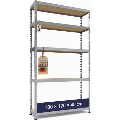 Étagère à emboîter Work System avec tablettes Bois 180x120x40cm, galvanisée, 150kg par Tablette, étagère Charges Lourdes 5 Niveaux pour Atelier, Salon et Cave (1/5)