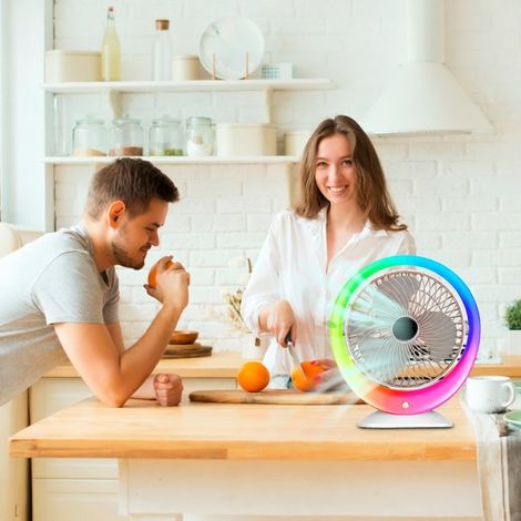 Ventilateur de bureau LED multicolore – USB rechargeable, 3 vitesses, 1200 mAh, grand angle – Éclairage d’ambiance dégradé