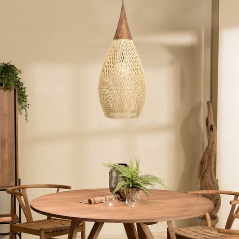 SIXTINE - Suspension 'goutte' 35x35cm bois de teck et rotin naturelle (1/5)