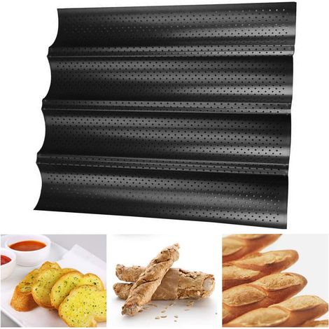 1 molde para baguettes, acero al carbono, revestimiento antiadherente, perforado, horneado crujiente, para horno doméstico. (1/5)