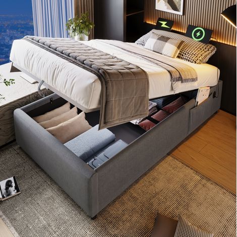 Bett mit Stauraum Baumwoll-Leinen Grau 90x200 cm, mit USB/Type-C und vollflächigem Bettboden (1/5)