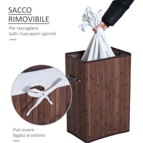 Cesto de ropa de bambú con tapa, cesta pequeña para la ropa sucia con bolsa de tela extraíble, 40x30x60cm, marrón