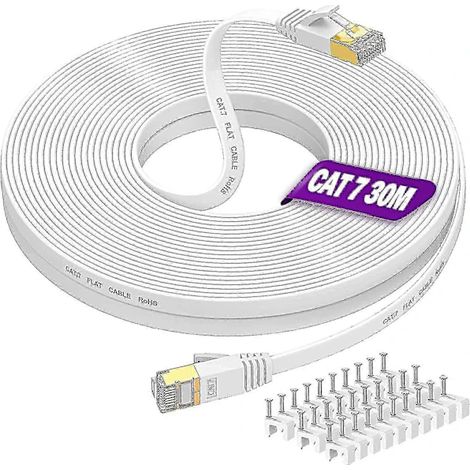Câble Ethernet long de 30 m, Cat7, câble Internet plat haut débit, câble réseau blanc 10 Gbit/s 600 MHz RJ45, câble de brassage LAN blindé de 30 m (1/5)