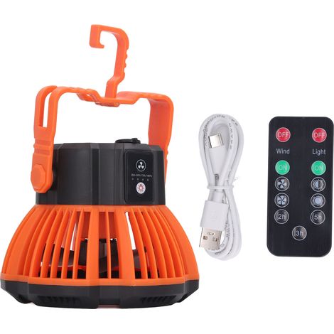 Ventilateur de camping portable rechargeable par USB, silencieux, avec télécommande et lumière LED, idéal pour les tentes de camping. (1/5)