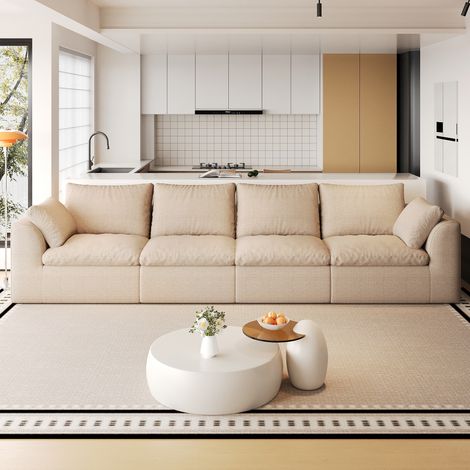 Canapé 4 places kaki de 310 cm en tissu de lin avec accoudoirs (1/5)