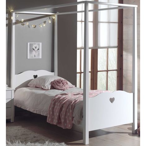 Lit à baldaquin 90x200 bois laqué blanc Cœur (1/4)