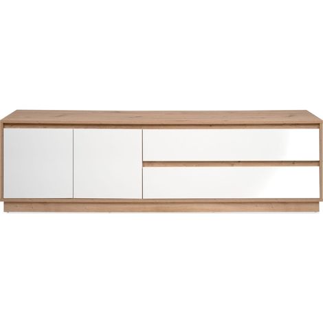 Meuble TV 2 portes 2 tiroirs effet Chêne et blanc brillant 172 cm - Nalen