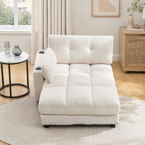 Fauteuil lounge en velours côtelé beige, avec porte-gobelet, port USB et poches latérales HAVRYA (1/5)