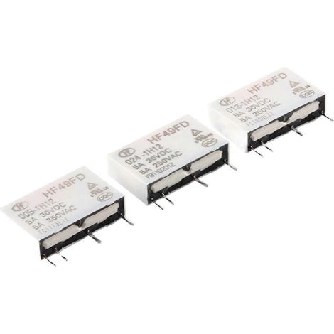 Packung mit 5 Miniatur-Leistungsrelais HF49FD 24 V 5 A, kompaktes 4-poliges Relais zur Leiterplattenmontage, vorgesehen für die industrielle Automatisierung. (1/3)