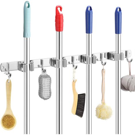 Support mural pour balai en acier inoxydable autocollant avec 4 supports et 5 crochets pour cuisine, salle de bain, jardin, garage (1/5)