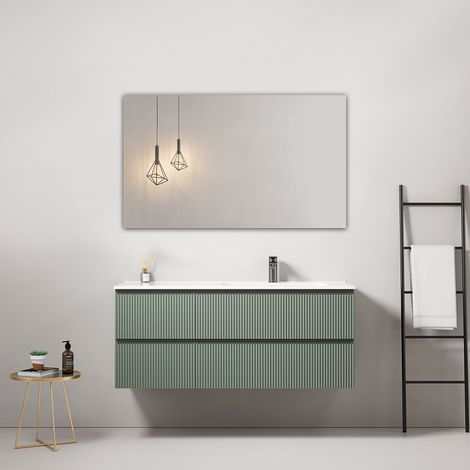 Mobile bagno sospeso cannettato 120 cm Verde Salvia Lavabo a Destra in Ceramica Specchio Quadro - Fiji Paint (1/4)