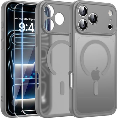 Magnétique Coque pour iPhone 17 Pro avec 2 Verre Trempé, Compatible avec MagSafe, Protection d'objectif Tout Compris, Etui Mat Arrière Housse Fine Antichoc Case iPhone 17 Pro 6.3", Gris (1/5)