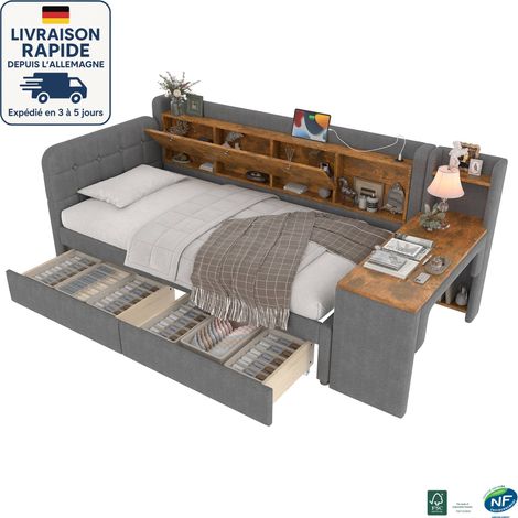 MODFU - Sofá cama infantil 90×200cm con 2 cajones, almacenaje y escritorio, USB+Tipo C, somier de láminas, sin colchón, lino, gris (1/5)