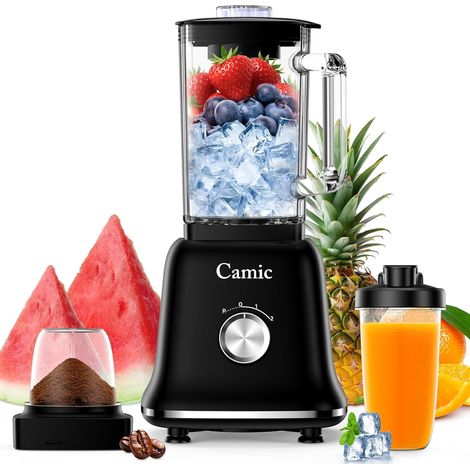 Camic blender mixeur 1200 W Mixeur Multifonction 3 en 1 avec Récipient en Verre de 1,6 L, mug de Voyage de 400 ml et Gobelet de Broyage de 200 ml, Mixeur à Impulsion/2 Vitesses (1/5)