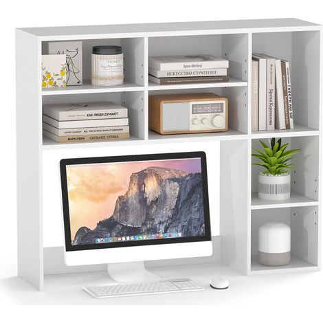 Libreria da tavolo con 3 ripiani regolabili e vano aperto per monitor da 27", organizer da piano per casa e ufficio, bianco (1/5)