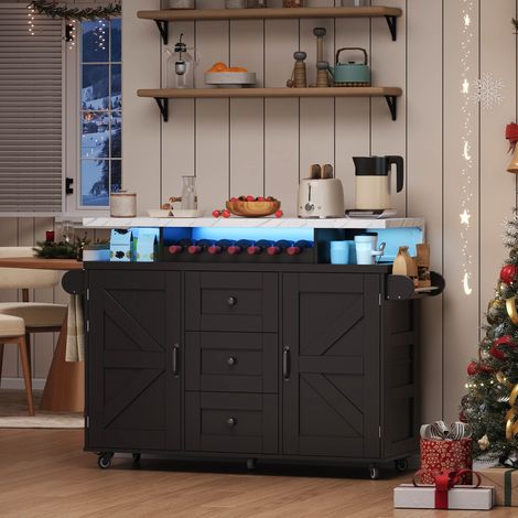 REDOM - Isla de cocina 138x60x93 cm, encimera abatible, LED de color variable, 5 ruedas, soporte para copas, MDF negro (1/5)
