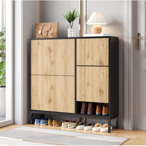 Schuhschrank mit klappbarer Sitzbank, 3 Klappen, 100 x 25 x 100 cm, Schwarz und Holz HAVRYA (1/5)