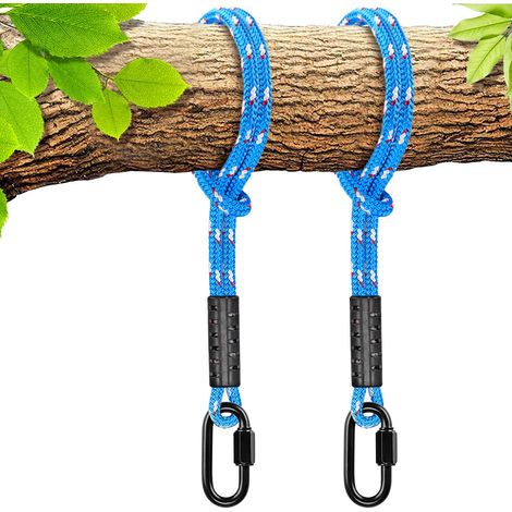 2pcs Hamac Arbre Balançoire Sangle Suspendue avec Mousqueton, 1.2M Suspension Corde Polyester pour Arbre Extérieur Chaise Jeux Accessoires, Jusqu'à 2500lbs, 10mm Diamètre, Bleu (1/5)