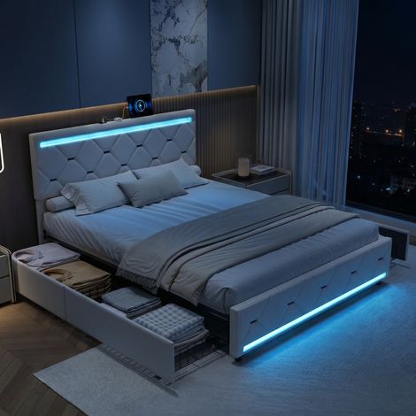 Cama con cajones 160x200 cm con LED y puertos USB, cama doble con somier de láminas, diseño hexagonal moderno, terciopelo beige (1/5)
