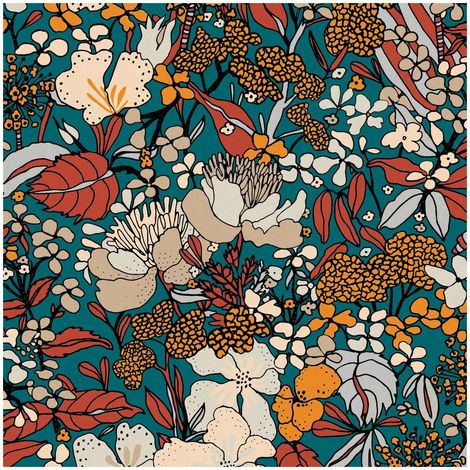 Flowers wallcovering wall Profhome 377562 non-woven wallpaper smooth with floral pattern matt blue teal beige orange 5.33 m2 (57 ft2) (1/5)