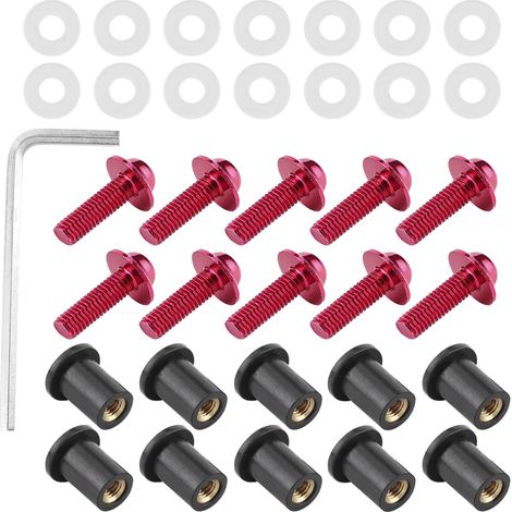 Kit de montage universel pour carénage de moto, comprenant 10 boulons, écrous et rondelles (rouge) (1/5)
