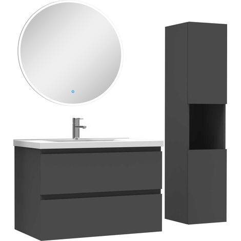 Ensemble meubles simple vasque 80cm,colonne + miroir rond lumineux Anthracite